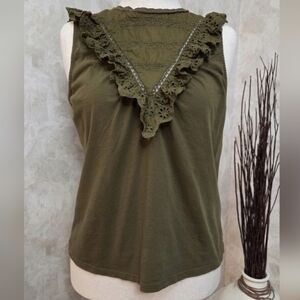 J.Crew Olive Green Eyelet Ruffle Sleeveless Blouse Cotton Medium